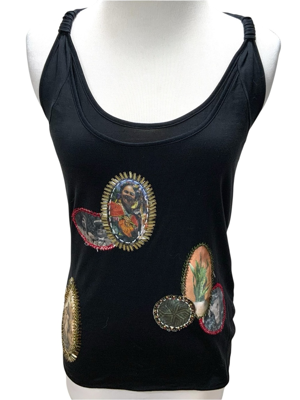 Vintage Marc Cain Silk Tank Top Black Racerback Embellished Art Appliqué Size N